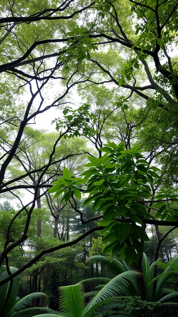 A layered canopy in a forest garden featuring tall trees and green foliage.