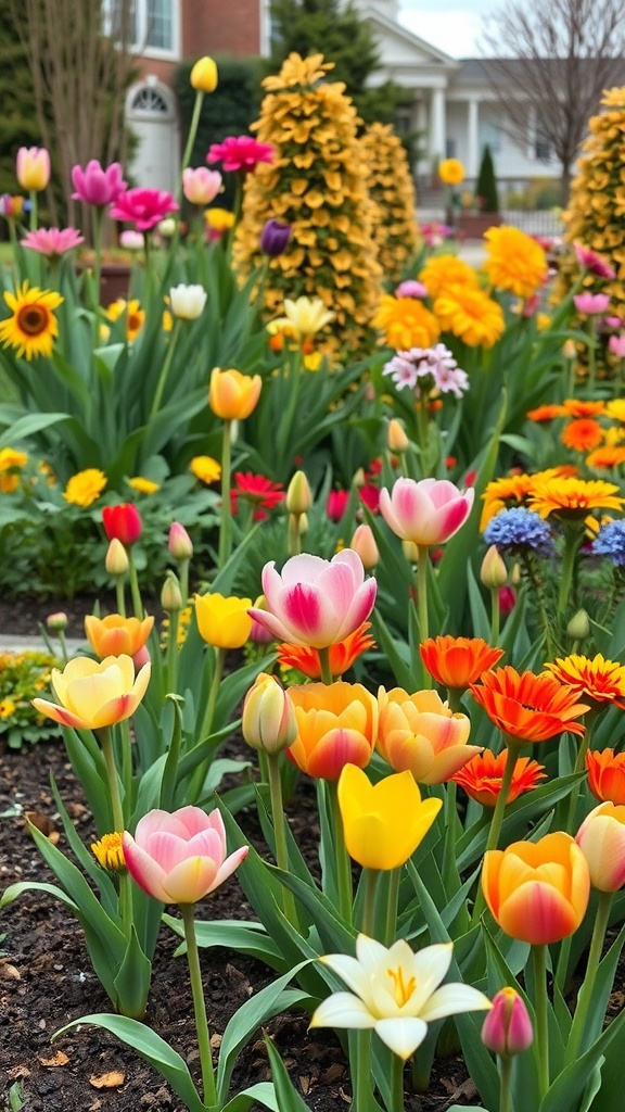 A vibrant garden with a mix of blooming tulips and other flowers in various colors.