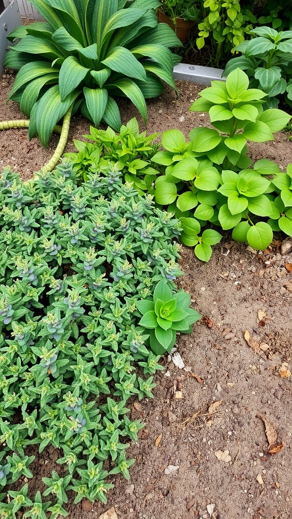 A variety of green plants in a garden bed, showcasing living mulch techniques.