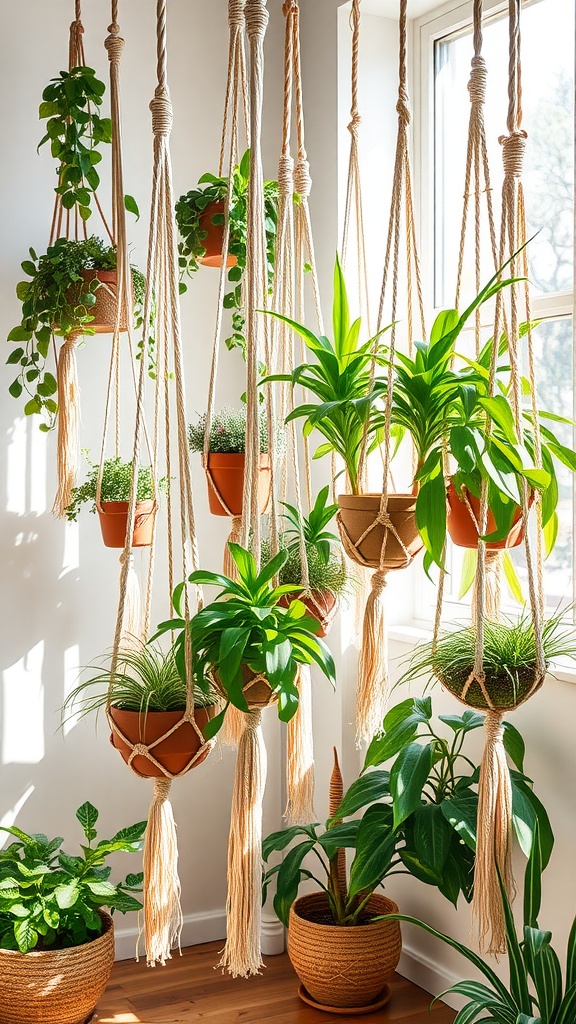 A collection of macramé plant hangers featuring various green plants in terracotta pots, creating a bohemian style in a bright indoor setting.