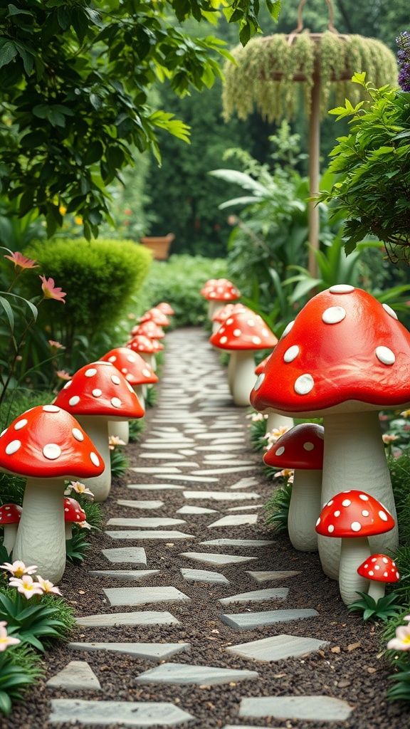 A magical pathway lined with large red mushrooms leading through a lush garden.