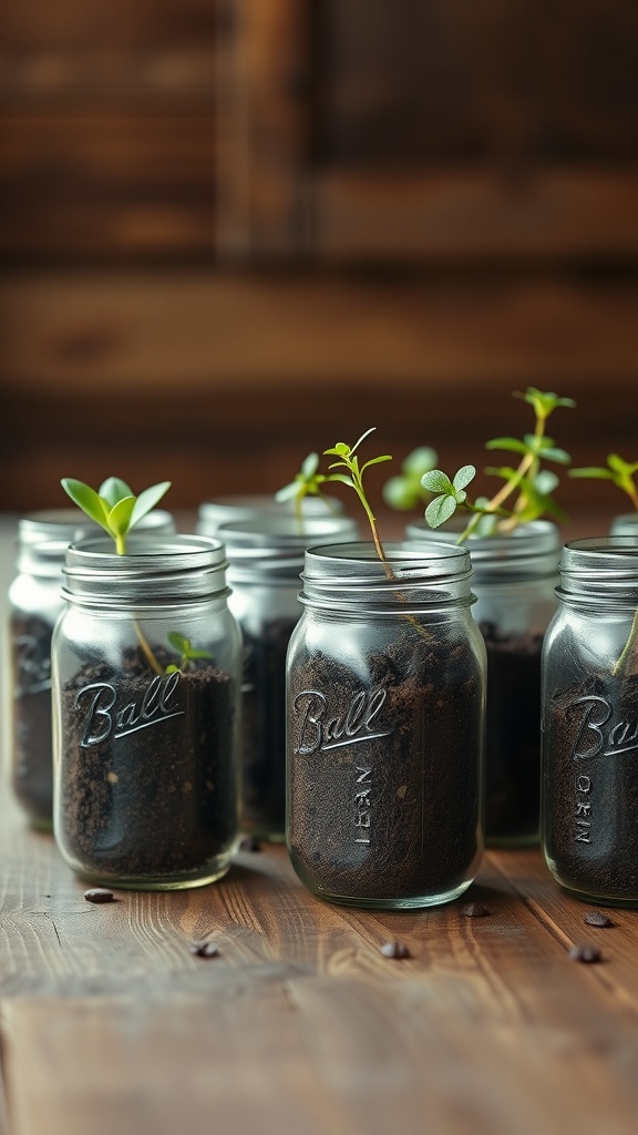 Mason jars filled with soil and young plants growing inside