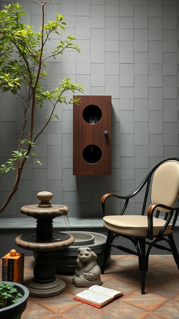 A serene garden reading nook featuring a Zen fountain, a cozy chair, and a stone statue.