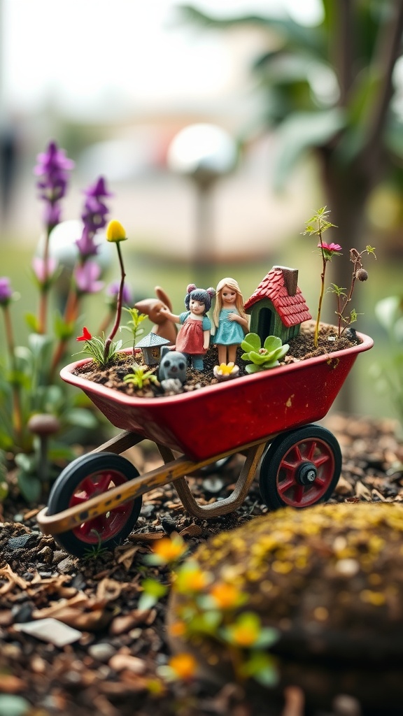A mini wheelbarrow garden featuring two figurines, colorful flowers, and decorative items.