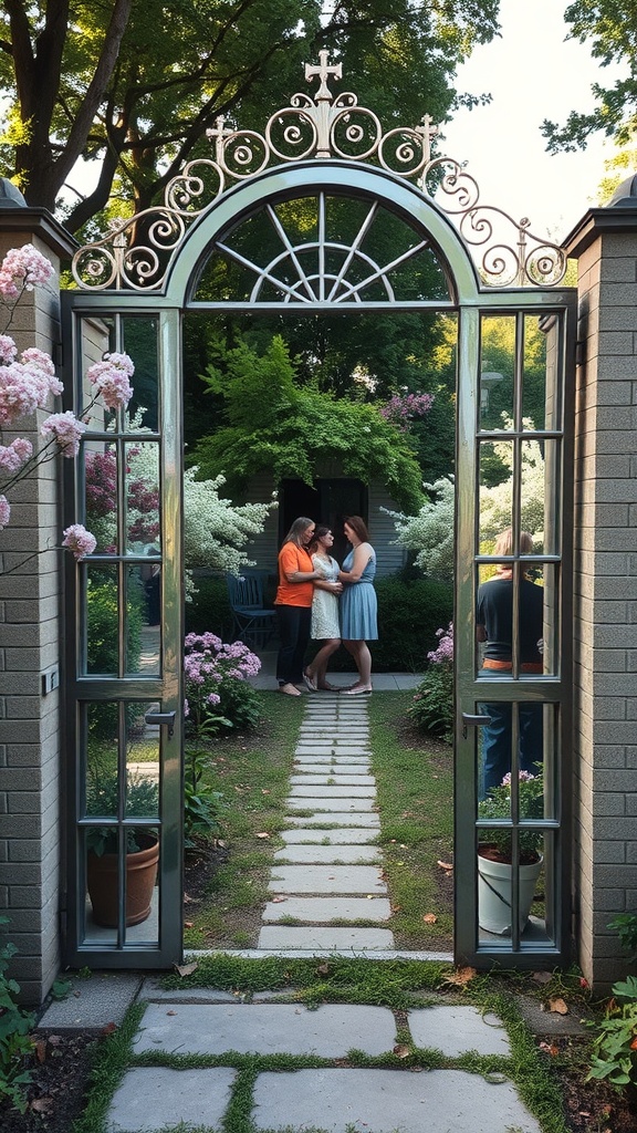A mirrored garden gate with intricate design, leading to a beautiful garden.