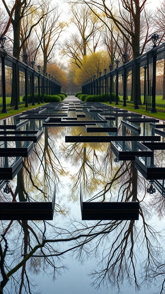 A mirrored labyrinth garden with reflective surfaces and trees.