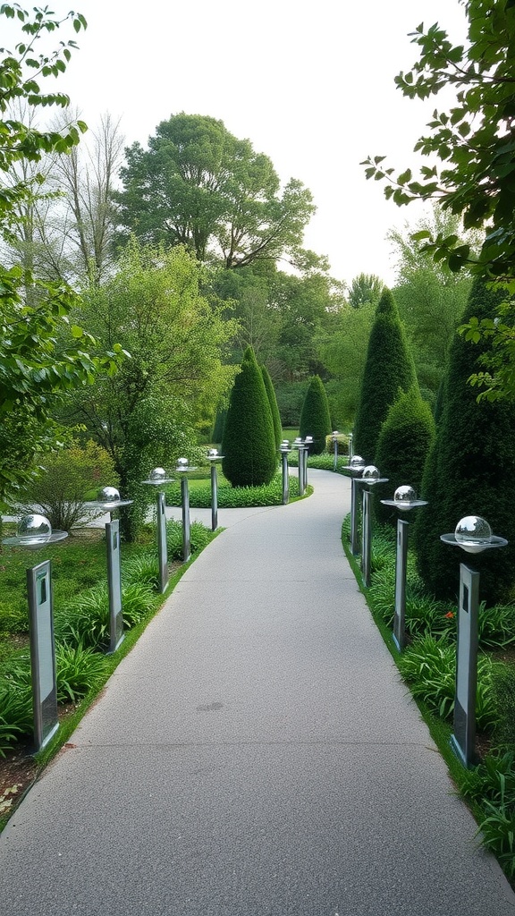 A curved garden pathway lined with mirrored lights and green shrubbery.