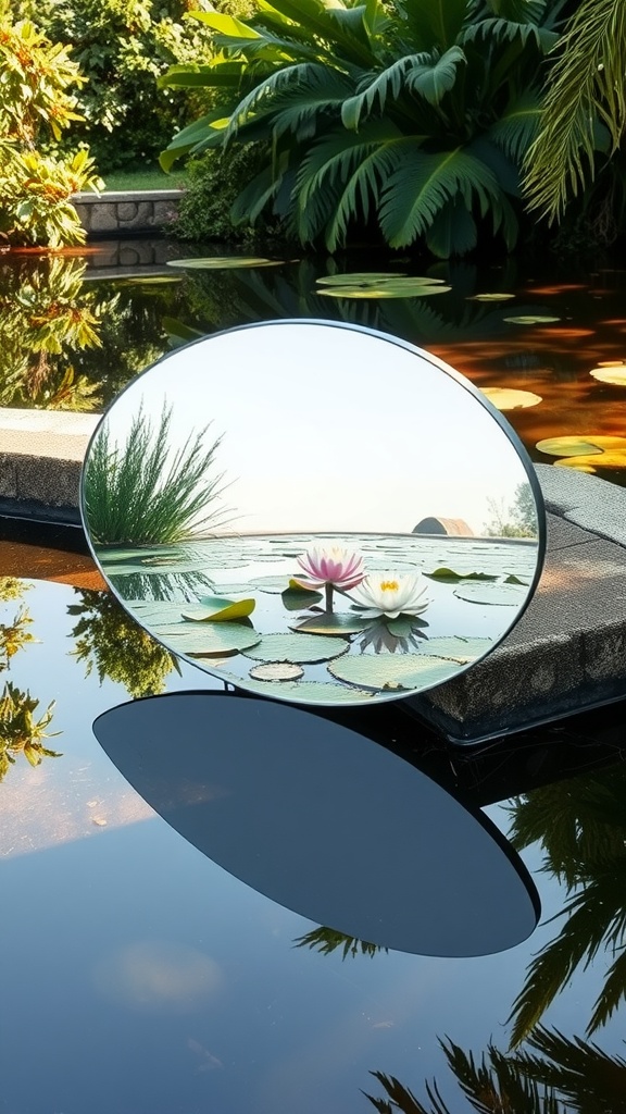 A round mirror reflecting water lilies and greenery in a serene garden setting.