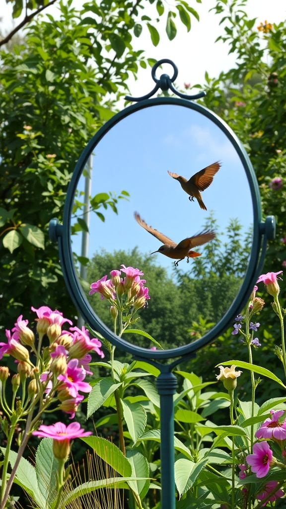 A garden mirror reflecting two birds in flight among colorful flowers.
