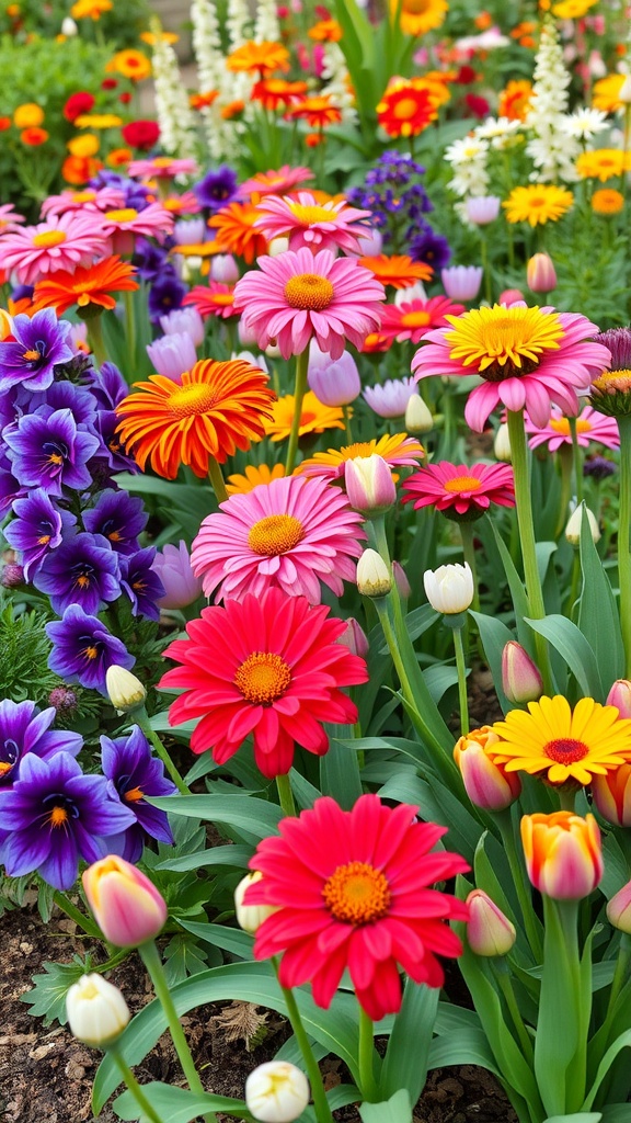 A colorful garden showcasing a mix of annual flowers and bulbs, featuring pink daisies, red flowers, and purple pansies.