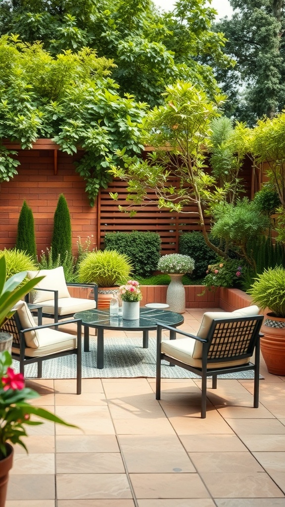 A modern terrace garden featuring stylish chairs and a table surrounded by lush greenery.