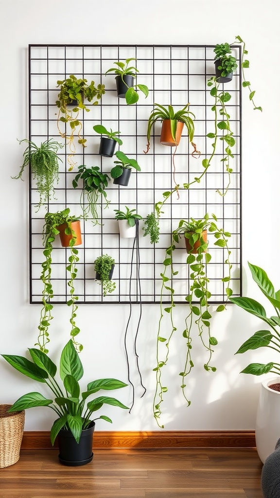 A wall-mounted metal grid planter with various potted plants arranged on it, showcasing a modern and organized look.