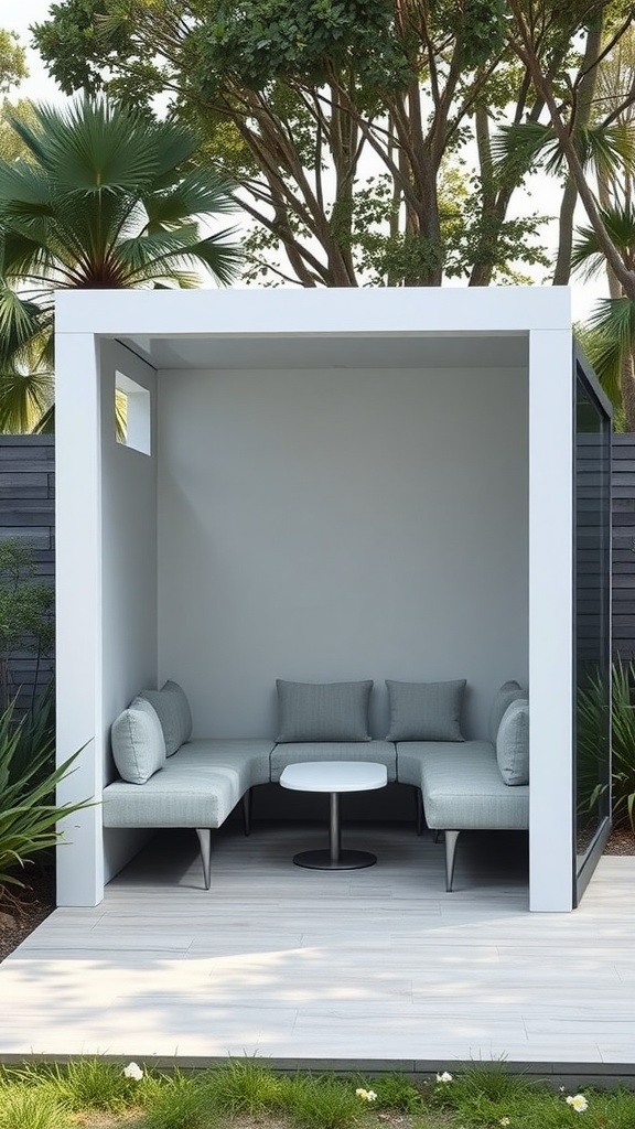A modern minimalist reading pod with cozy seating and a small table, surrounded by lush greenery.