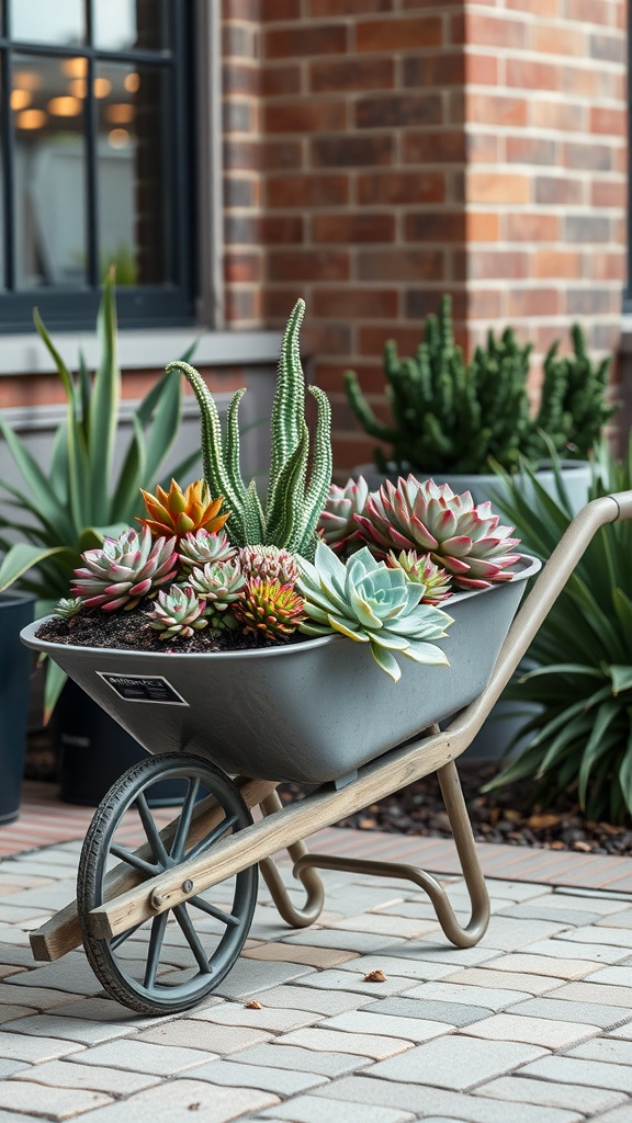 A modern wheelbarrow planter filled with various succulents, set against a brick background.