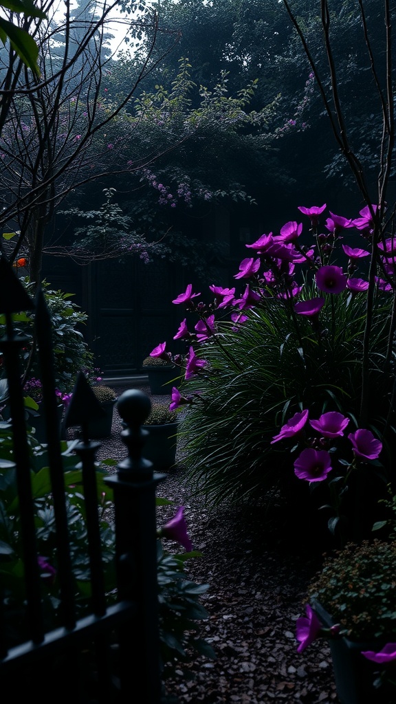 A gothic garden with dark foliage and vibrant purple flowers near a wrought iron gate.