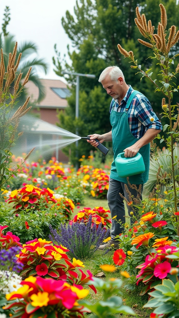 A man spraying plants in a colorful garden to repel mosquitoes.
