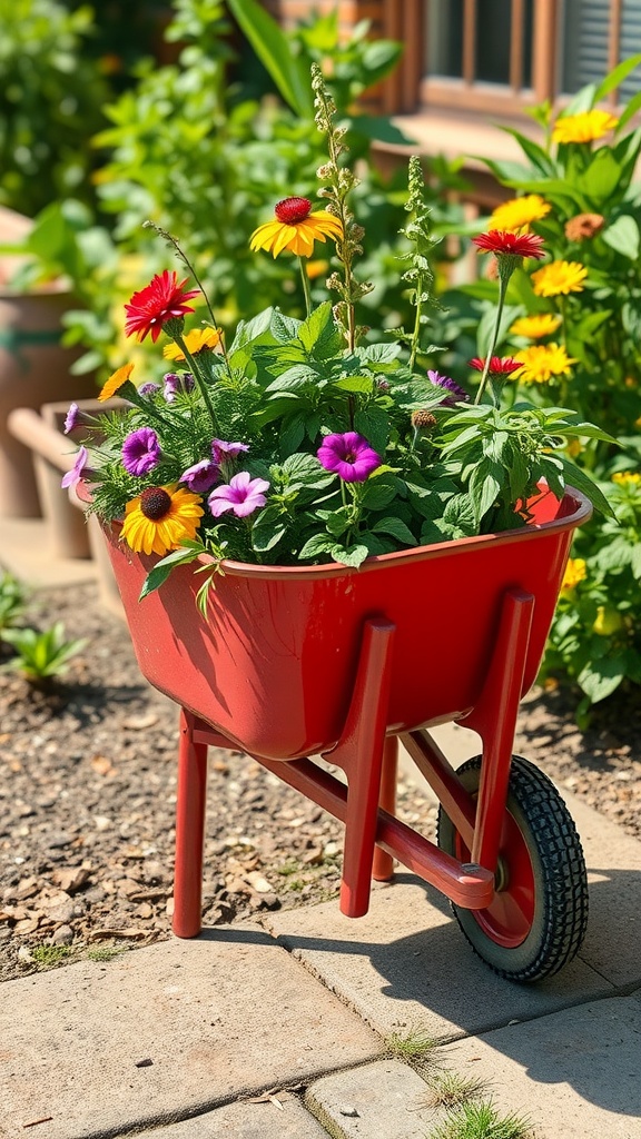 Colorful flowers planted in a red wheelbarrow in a garden
