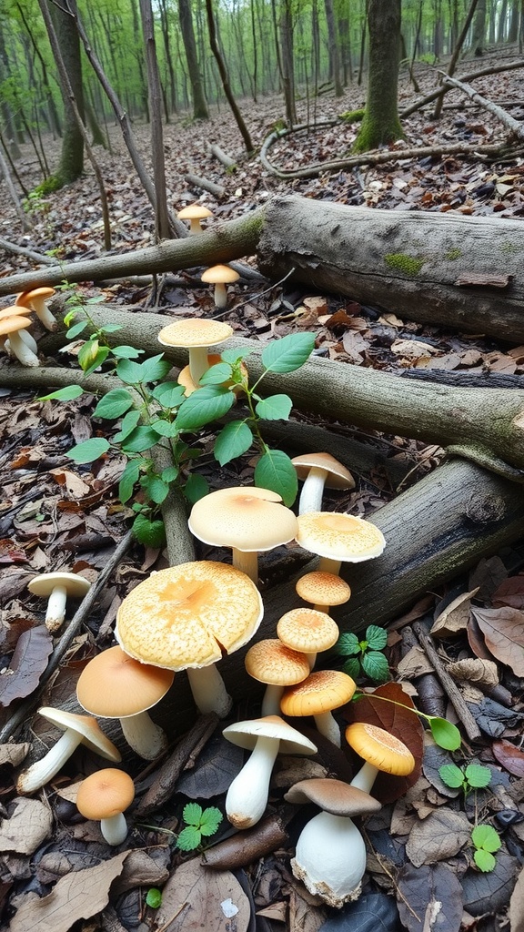 A cluster of mushrooms growing on a forest floor, surrounded by fallen leaves and logs.