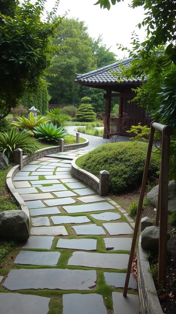 A winding stone path leading through a lush garden with greenery and a wooden structure in the background.