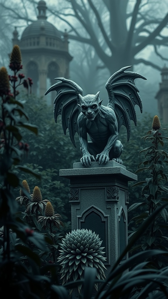 A detailed stone gargoyle statue with wings, perched on a pedestal in a misty garden