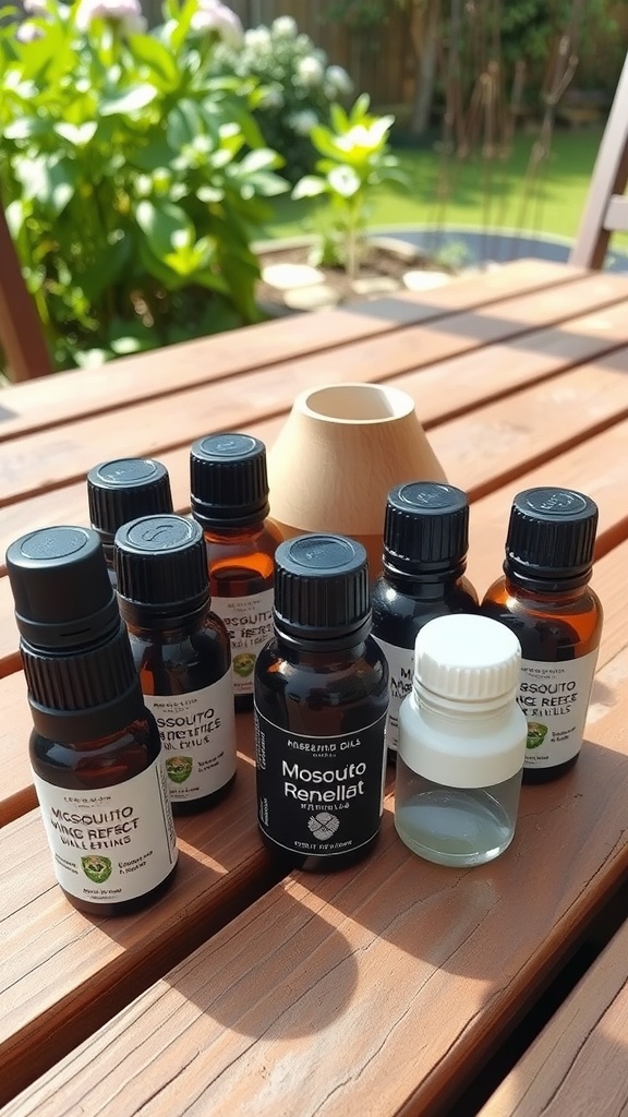 Various essential oil bottles for mosquito repellent on a wooden table.