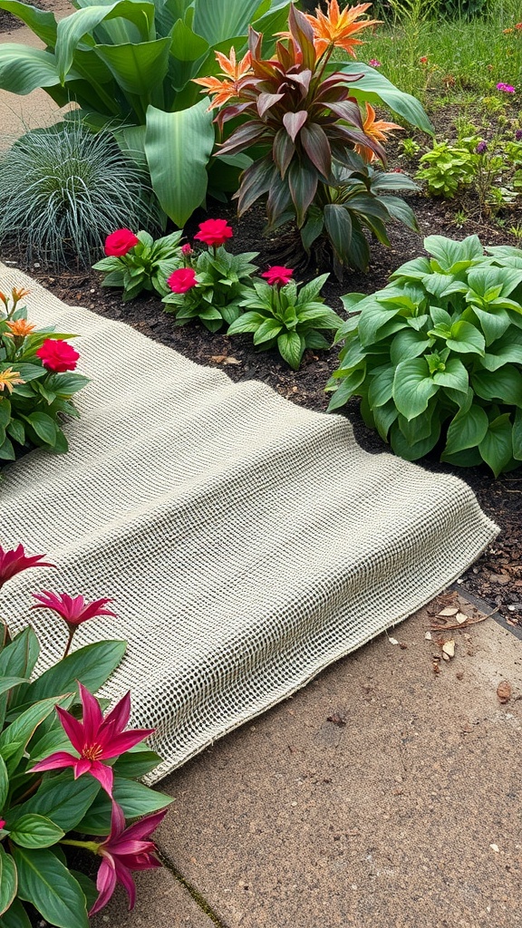 A natural fiber weed barrier laid in a garden surrounded by colorful flowers and greenery.
