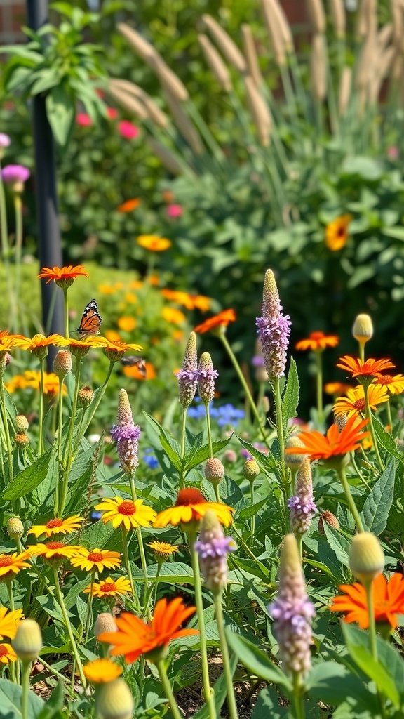 A colorful garden filled with flowers and a butterfly, showcasing a natural habitat for wildlife.