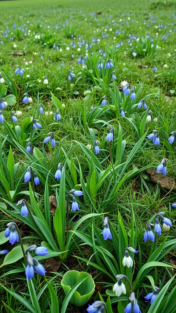 A grassy field filled with clusters of blue and white flowers, showcasing naturalized bulbs in a lush green setting.