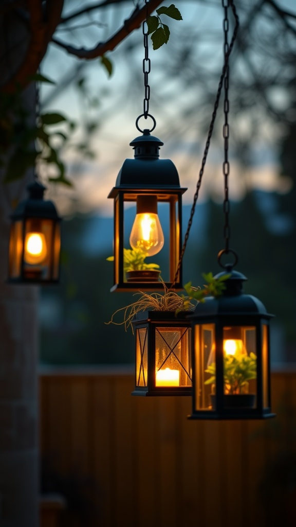 Hanging lantern planters with plants and soft light in an outdoor setting