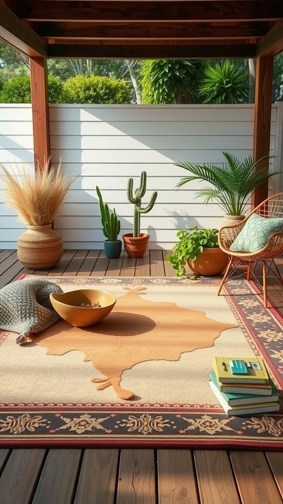A cozy outdoor reading nook featuring a nature-inspired rug, potted plants, a throw blanket, and stacked books.