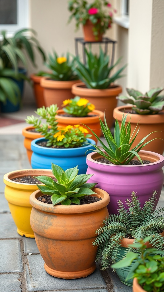 Colorful painted terracotta pots filled with various plants.
