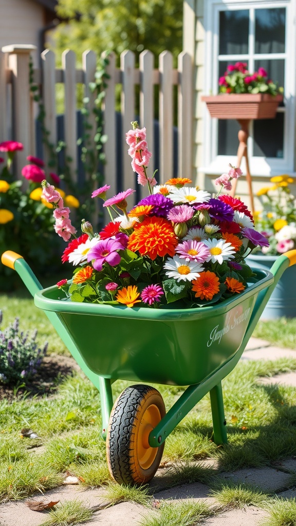 A painted green wheelbarrow filled with colorful flowers in a garden setting.