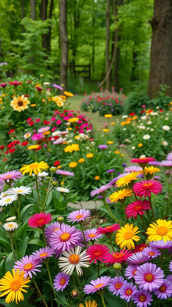 A colorful arrangement of perennial flowers in a forest garden, including yellow, pink, and purple blooms.