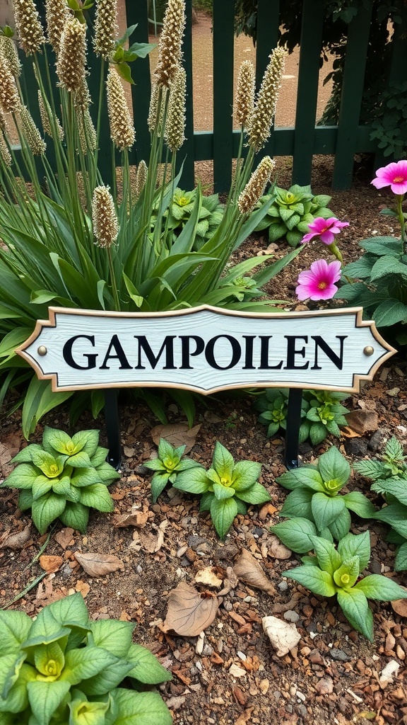 A garden name plate displaying the name 'GAMPOILEN' surrounded by green plants.