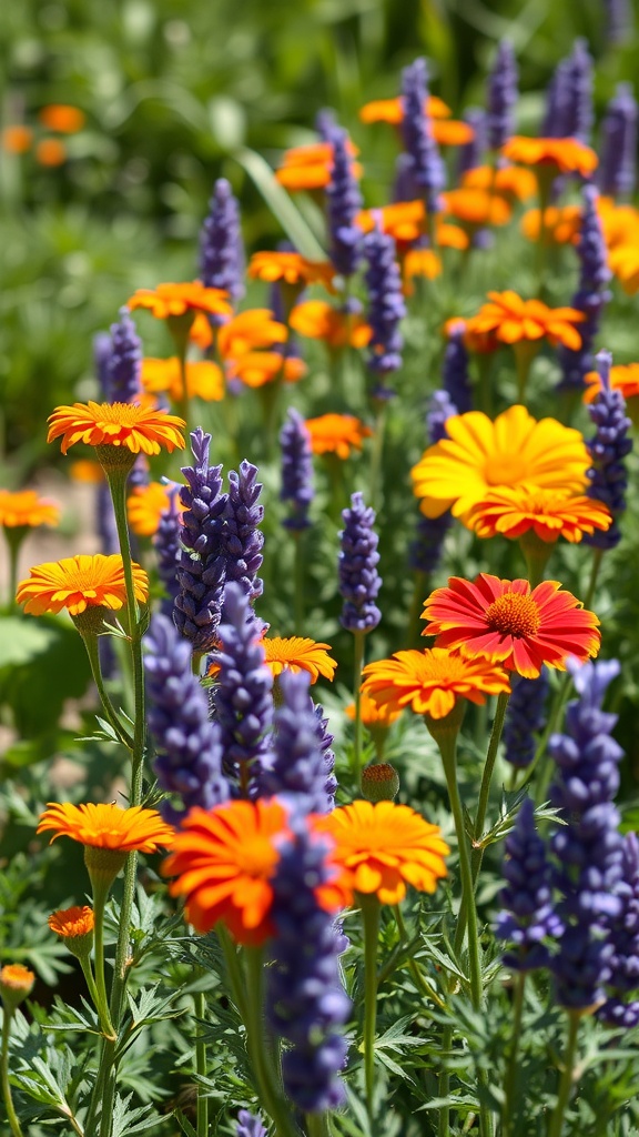 A vibrant garden featuring orange marigolds and purple lavender flowers.
