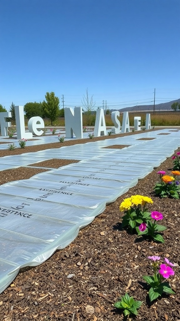 Plastic landscape fabric laid out in a garden with colorful flowers.