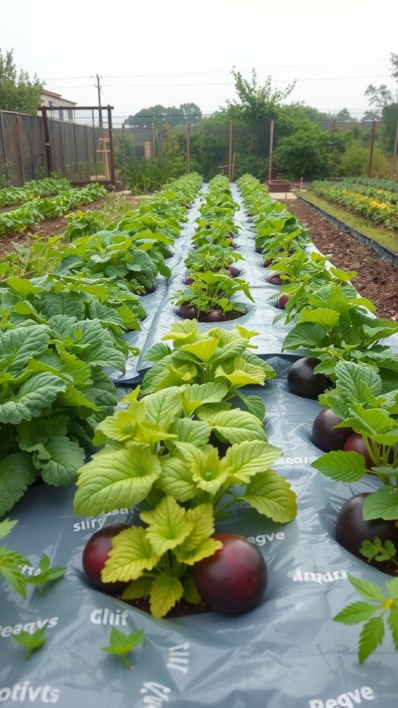 A garden with rows of plants growing through holes in a plastic sheet, demonstrating the plastic sheet method for weed control.