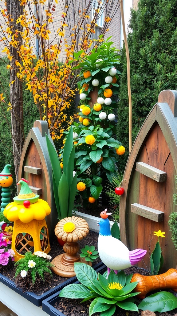 A whimsical garden display with colorful decorations, flowers, and playful ornaments.