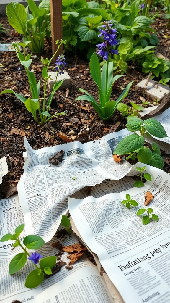 Garden bed with layers of recycled newspaper and green plants growing around it