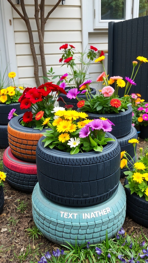 Colorful recycled tire planters filled with flowers stacked in a garden.
