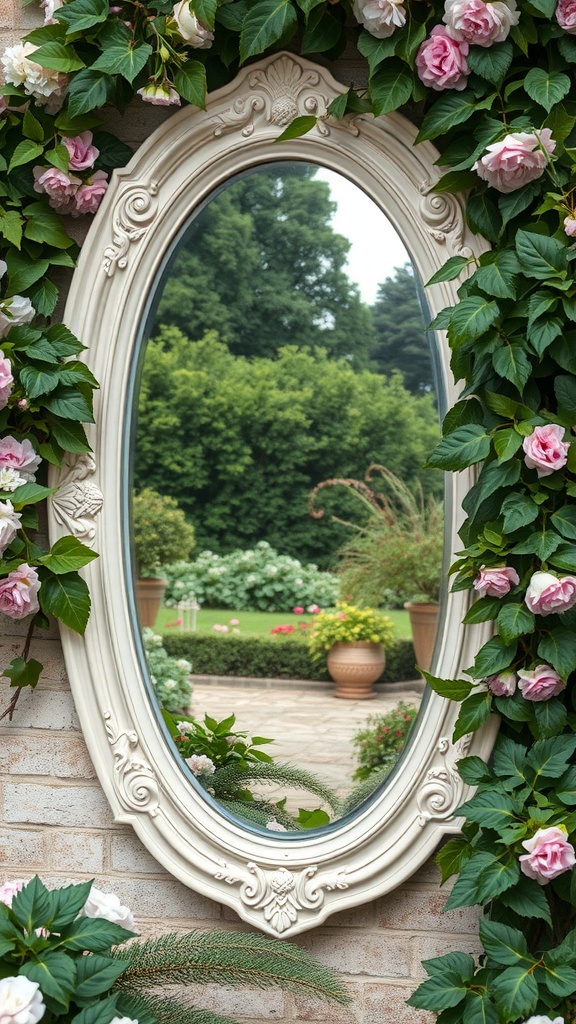 A decorative mirror surrounded by roses and greenery in a garden setting.