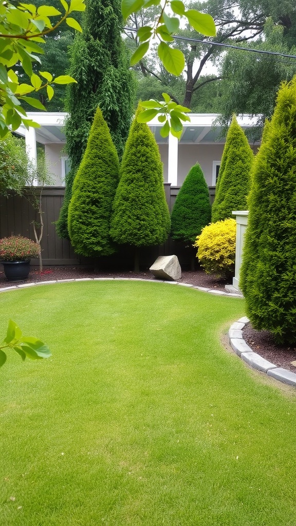 Well-maintained yard with green grass and carefully shaped trees.