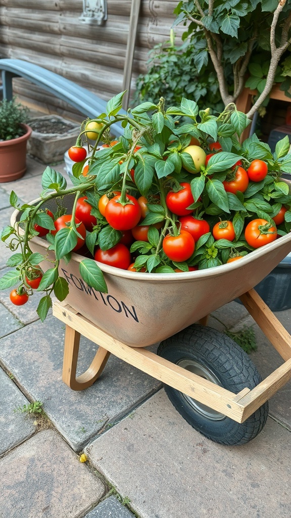 A wheelbarrow filled with ripe red tomatoes, showcasing a creative way to use it as a vegetable planter.