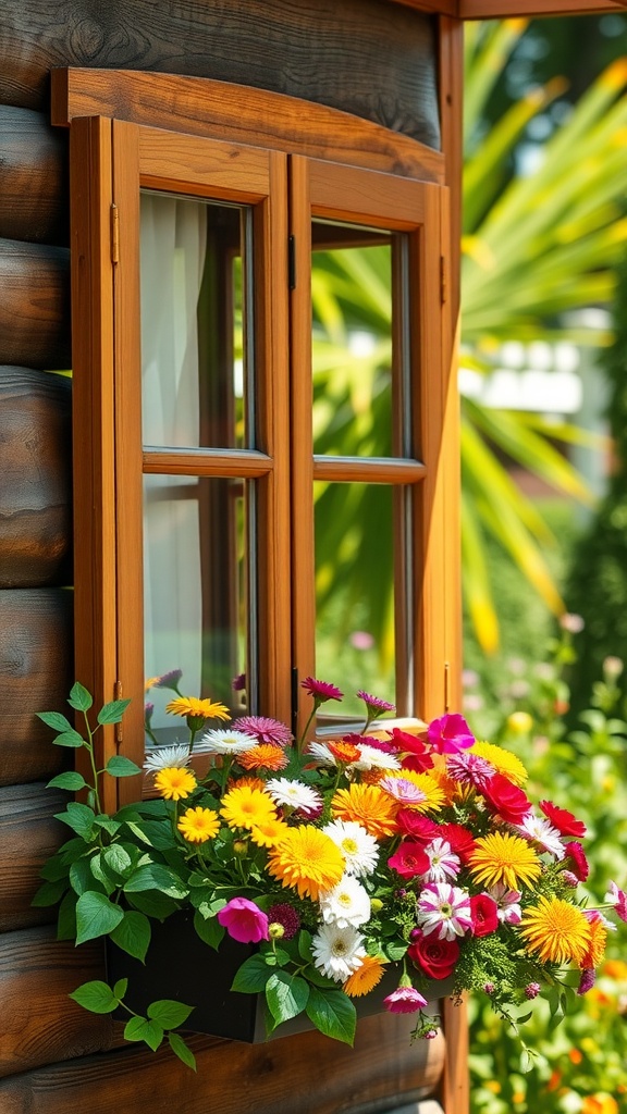 Planter box made from repurposed window, filled with colorful flowers.