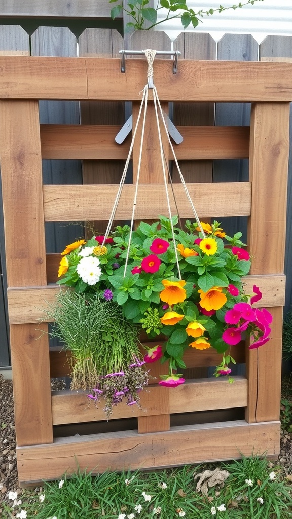A colorful hanging garden made from a wooden pallet with various flowers and herbs.