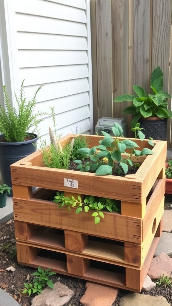 A wooden pallet planter filled with various plants, showcasing a rustic gardening style.