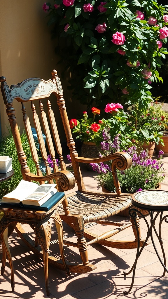 A wooden rocking chair on a sunny patio surrounded by colorful flowers and a small table with a book.