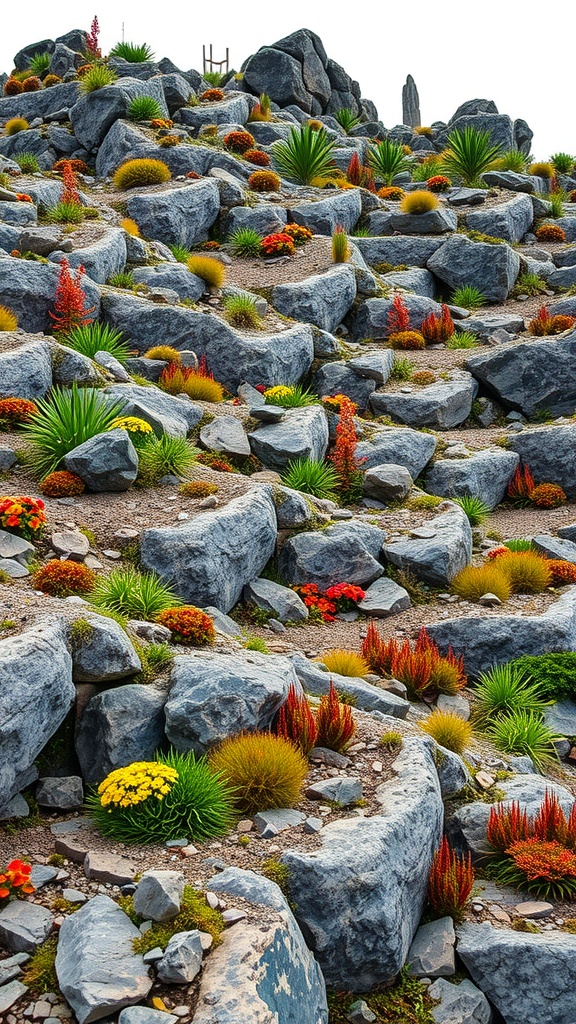 A rocky terrace garden with various plants in vibrant colors.