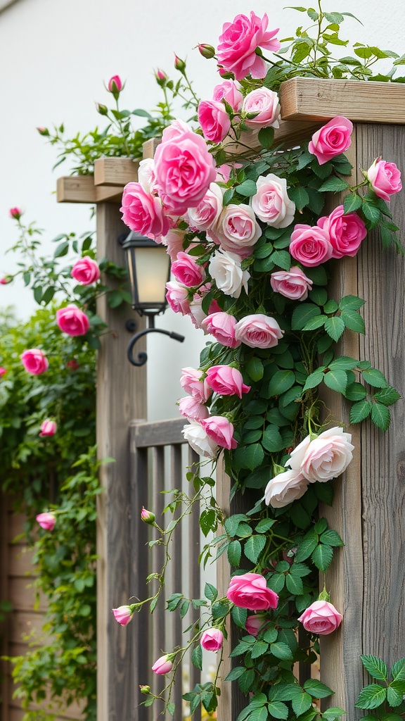Wooden trellis covered with pink and white climbing roses