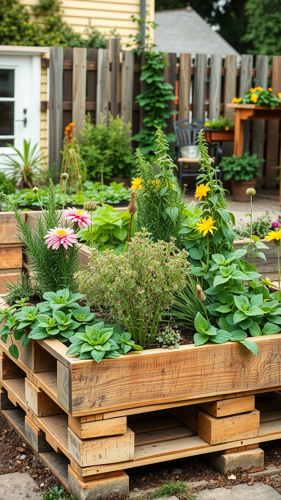 A rustic pallet garden design featuring colorful flowers and lush greenery in wooden pallets.